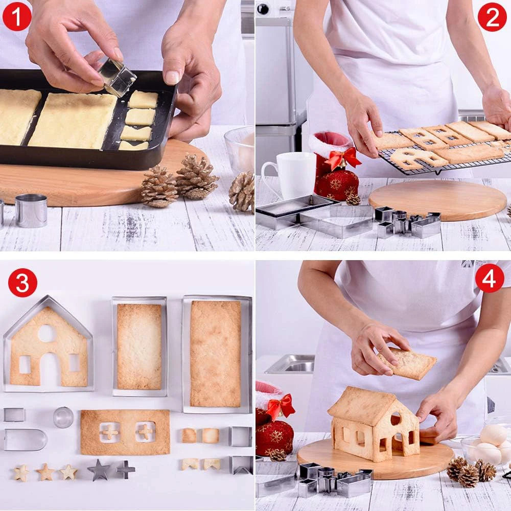 Lmetjma-Christmas Cookie Cutter Set, Gingerbread House, Stainless Steel Mold, Biscuit Cake, JT269, 10 pcs 