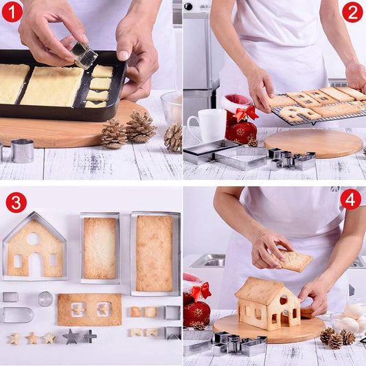 Lmetjma - Juego de cortadores de galletas navideños, casa de jengibre, molde de acero inoxidable, bizcocho, JT269, 10 piezas 