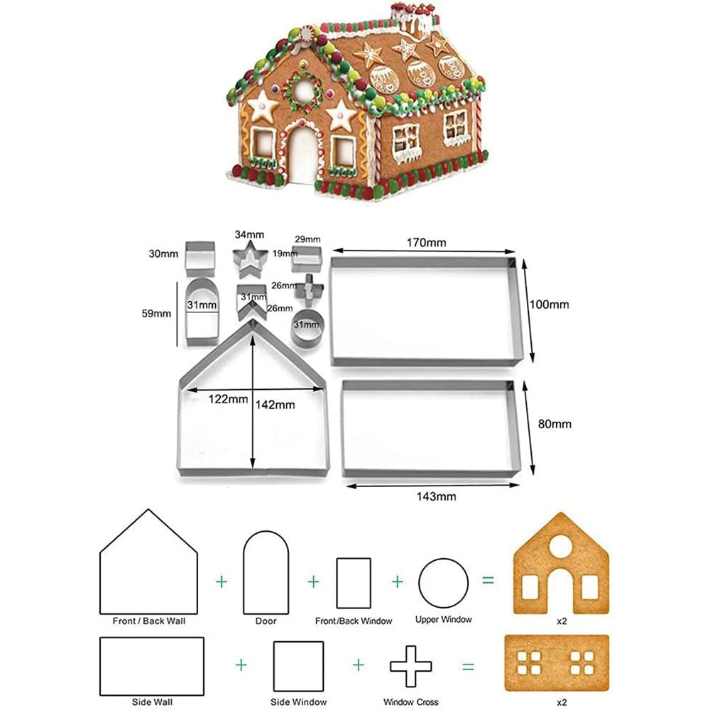 Lmetjma-Christmas Cookie Cutter Set, Gingerbread House, Stainless Steel Mold, Biscuit Cake, JT269, 10 pcs 