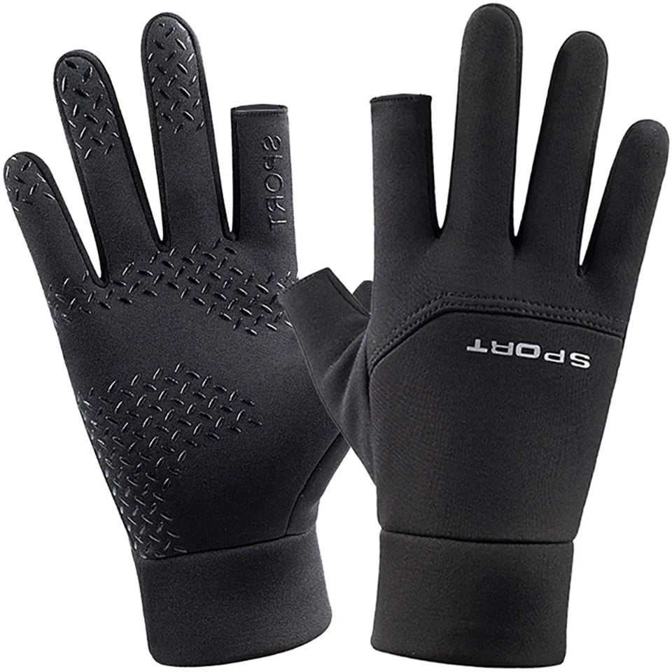 Luvas dos homens de pesca de inverno Mulheres ciclismo luvas antiderrapantes quentes para esportes de pesca Touch Screen Two Fingers Cut Outdoor Angling