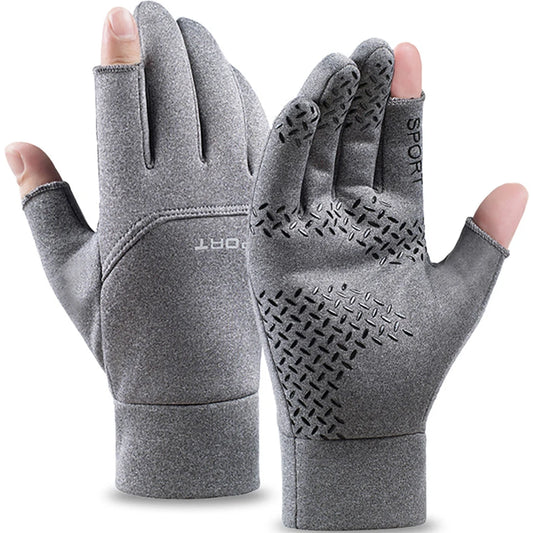 Luvas dos homens de pesca de inverno Mulheres ciclismo luvas antiderrapantes quentes para esportes de pesca Touch Screen Two Fingers Cut Outdoor Angling