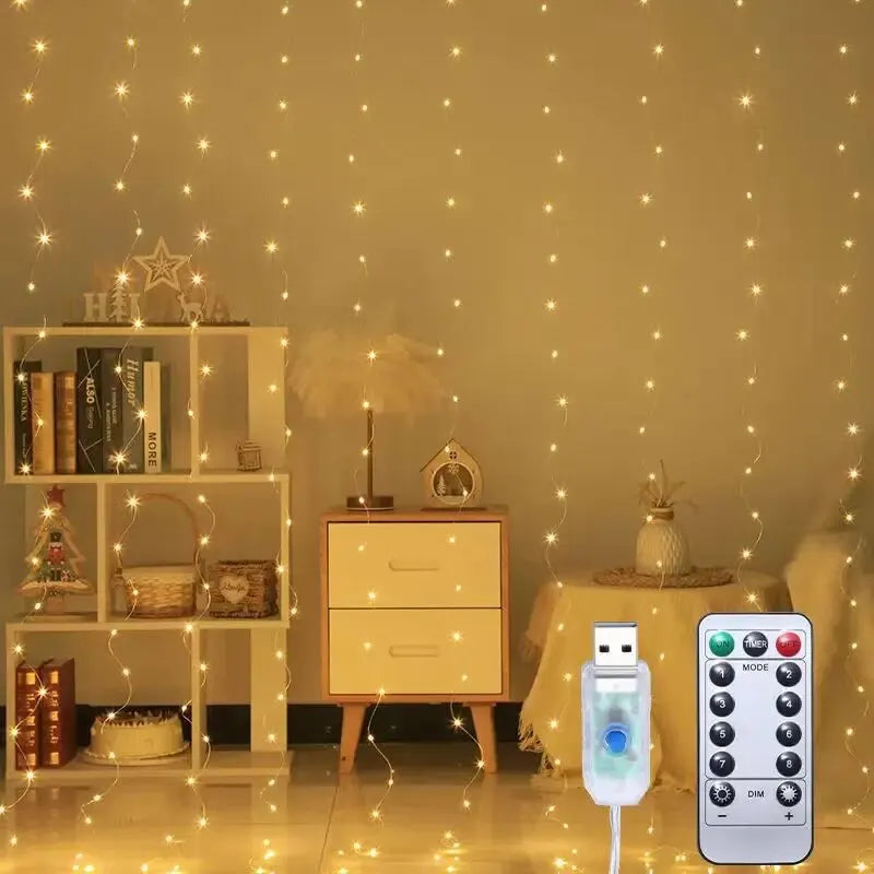 Cortina de luces LED para dormitorio, guirnalda navideña, guirnalda de luces, decoración para bodas, hogar, iluminación, USB, 3 x 3/3 x 2/3 x 1, 1 unidad 