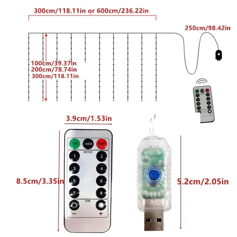 Cortina de luces LED para dormitorio, guirnalda navideña, guirnalda de luces, decoración para bodas, hogar, iluminación, USB, 3 x 3/3 x 2/3 x 1, 1 unidad 