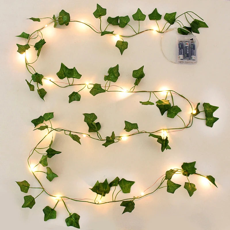Green Leaf Lights for Decoration, Artificial Ivy Vine, Fairy Light for Wedding Party, Christmas, Wall Plant, 2m-10m 