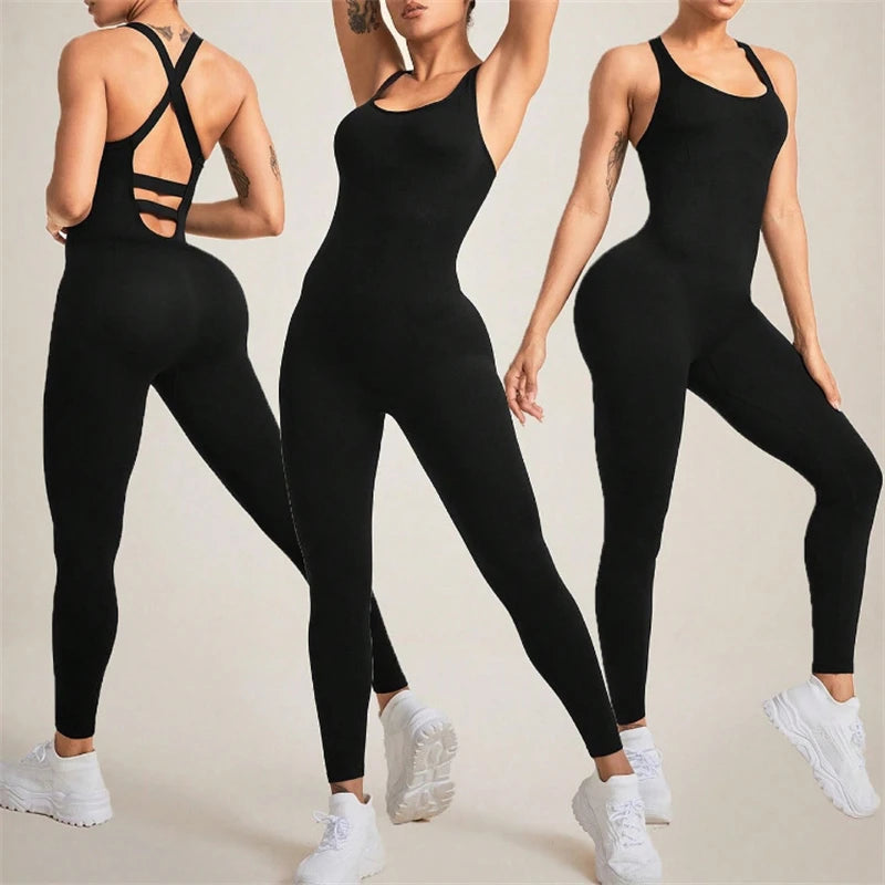 Macacões de treino sexy para mulheres, sem mangas Hollow Gym Bodycon, macacão de ioga sem costura, alças cruzadas