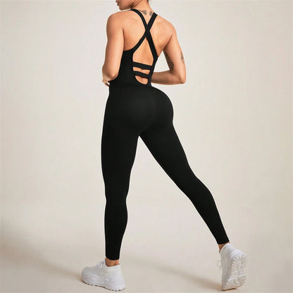 Macacões de treino sexy para mulheres, sem mangas Hollow Gym Bodycon, macacão de ioga sem costura, alças cruzadas