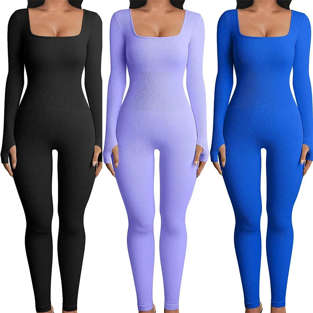Monochrome Ribbed Knit Bodycon Jumpsuit for Women Long Sleeve Square Neck Skinny Romper Jumpsuit Yoga Workout Sport 