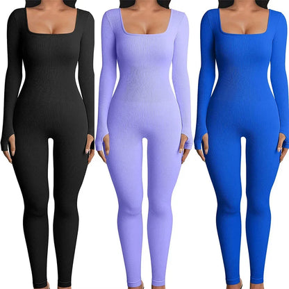 Macacão bodycon de malha monocromático com nervuras para mulheres, manga comprida, gola quadrada, macacão magro, macacão ioga, treino, esporte