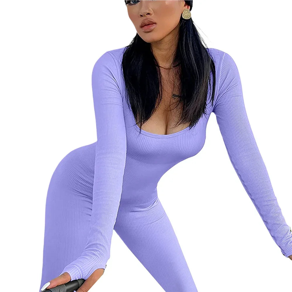 Monochrome Ribbed Knit Bodycon Jumpsuit for Women Long Sleeve Square Neck Skinny Romper Jumpsuit Yoga Workout Sport 