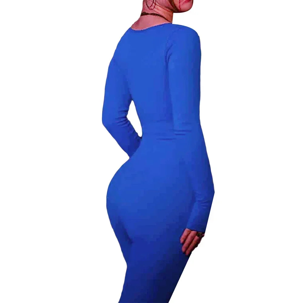 Monochrome Ribbed Knit Bodycon Jumpsuit for Women Long Sleeve Square Neck Skinny Romper Jumpsuit Yoga Workout Sport 