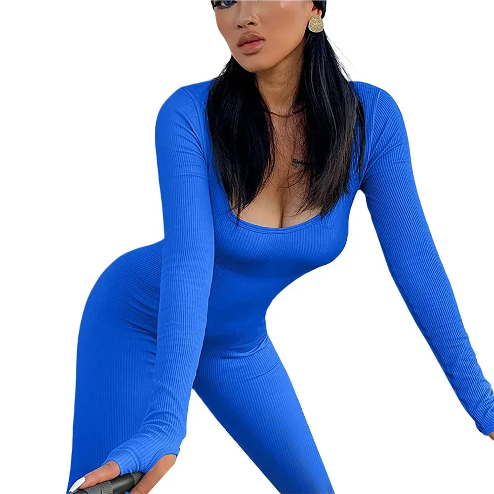 Monochrome Ribbed Knit Bodycon Jumpsuit for Women Long Sleeve Square Neck Skinny Romper Jumpsuit Yoga Workout Sport 