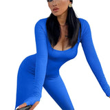 Monochrome Ribbed Knit Bodycon Jumpsuit for Women Long Sleeve Square Neck Skinny Romper Jumpsuit Yoga Workout Sport 