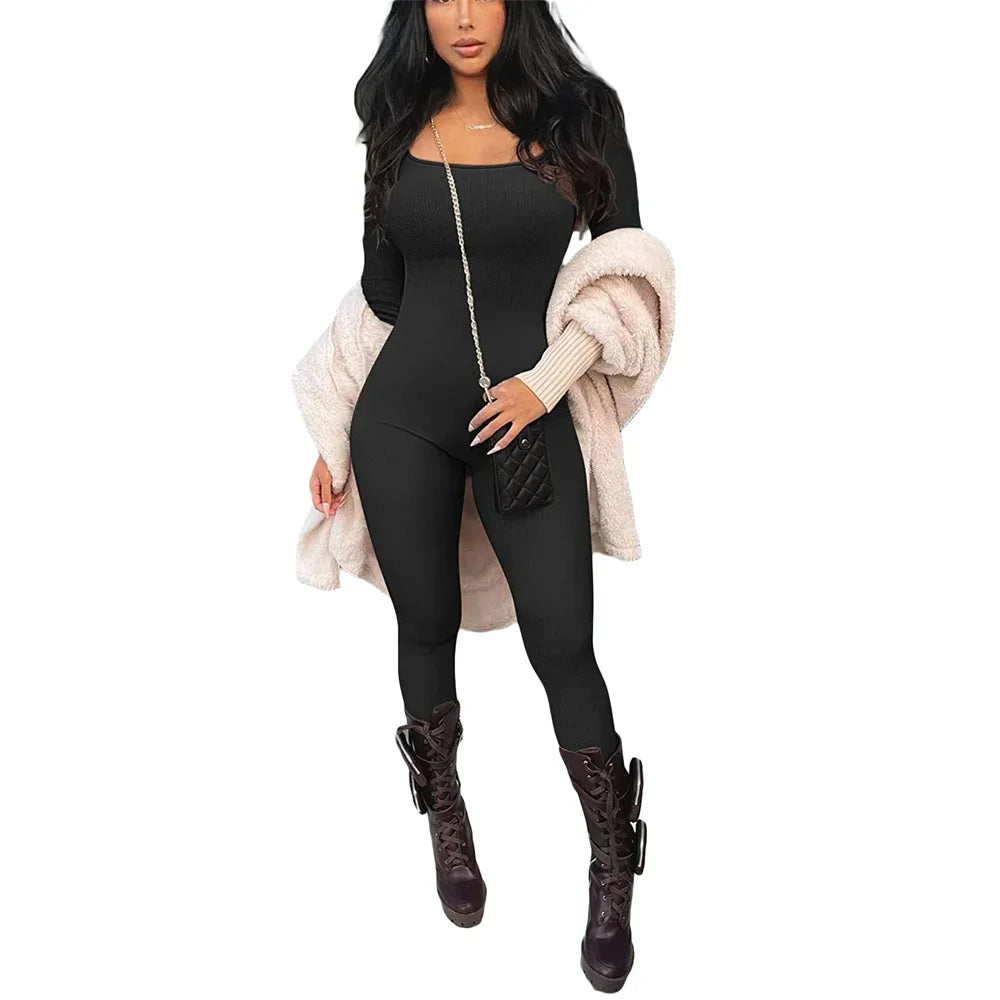 Monochrome Ribbed Knit Bodycon Jumpsuit for Women Long Sleeve Square Neck Skinny Romper Jumpsuit Yoga Workout Sport 