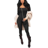 Monochrome Ribbed Knit Bodycon Jumpsuit for Women Long Sleeve Square Neck Skinny Romper Jumpsuit Yoga Workout Sport 