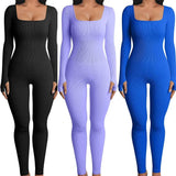 Monochrome Ribbed Knit Bodycon Jumpsuit for Women Long Sleeve Square Neck Skinny Romper Jumpsuit Yoga Workout Sport 