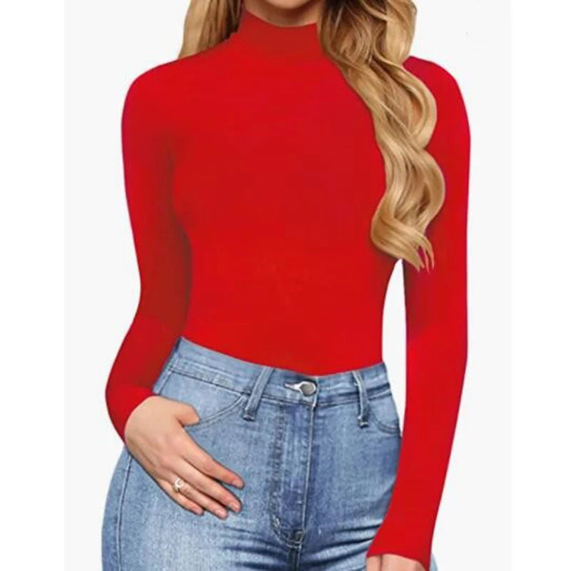 Mono informal de manga larga para mujer, cuello alto, parte inferior lisa, corte ajustado y sexy, estilo europeo y americano, otoño. 