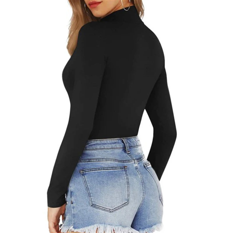 Mono informal de manga larga para mujer, cuello alto, parte inferior lisa, corte ajustado y sexy, estilo europeo y americano, otoño. 