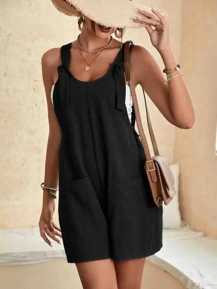 Macacão curto casual de verão feminino, macacão solto, macacão sem mangas com alça de nó com bolsos, 2024