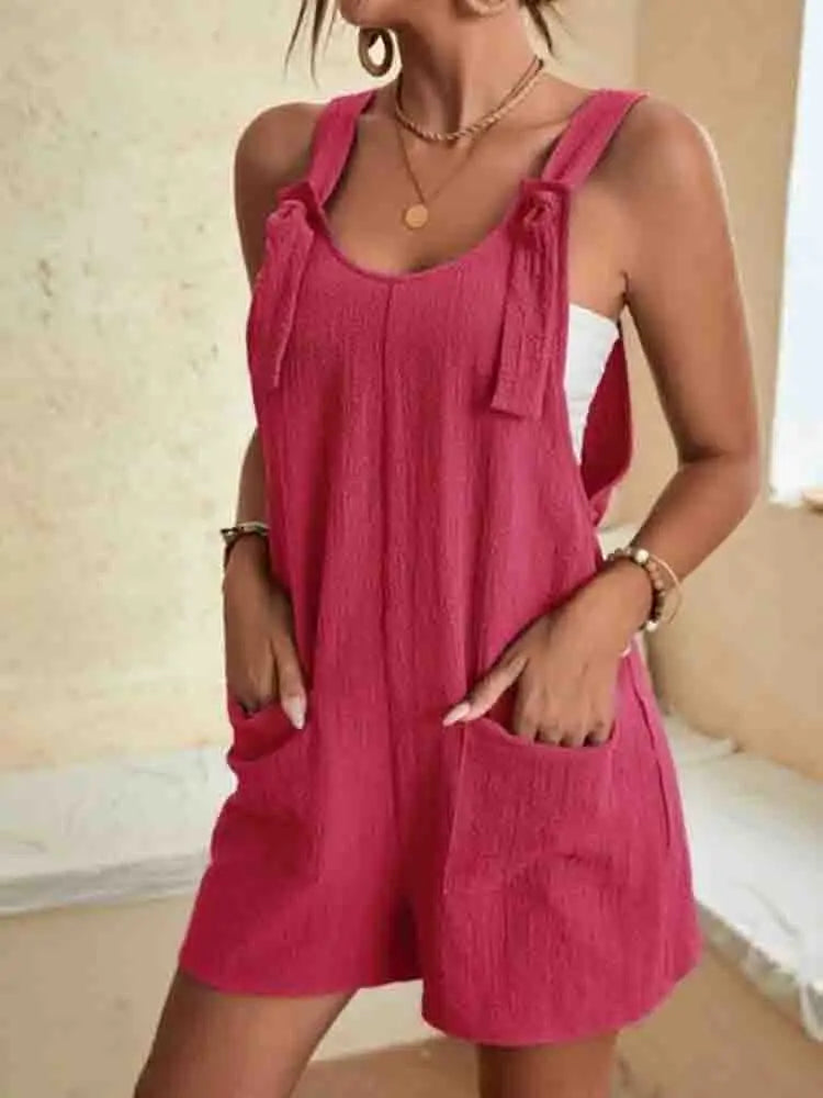 2024 Women Summer Casual Short Jumpsuit Loose Romper Sleeveless Knot Strap Jumpsuit with Pockets 