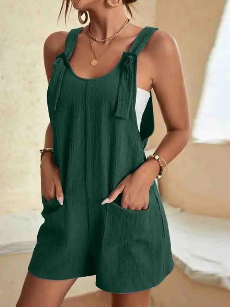 2024 Women Summer Casual Short Jumpsuit Loose Romper Sleeveless Knot Strap Jumpsuit with Pockets 