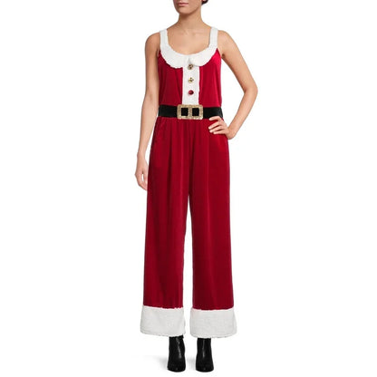 Macacão de Natal estampado em 3D feminino, gola quadrada, macacão sem mangas, cintura alta, calça macacão folgado, traje de festa