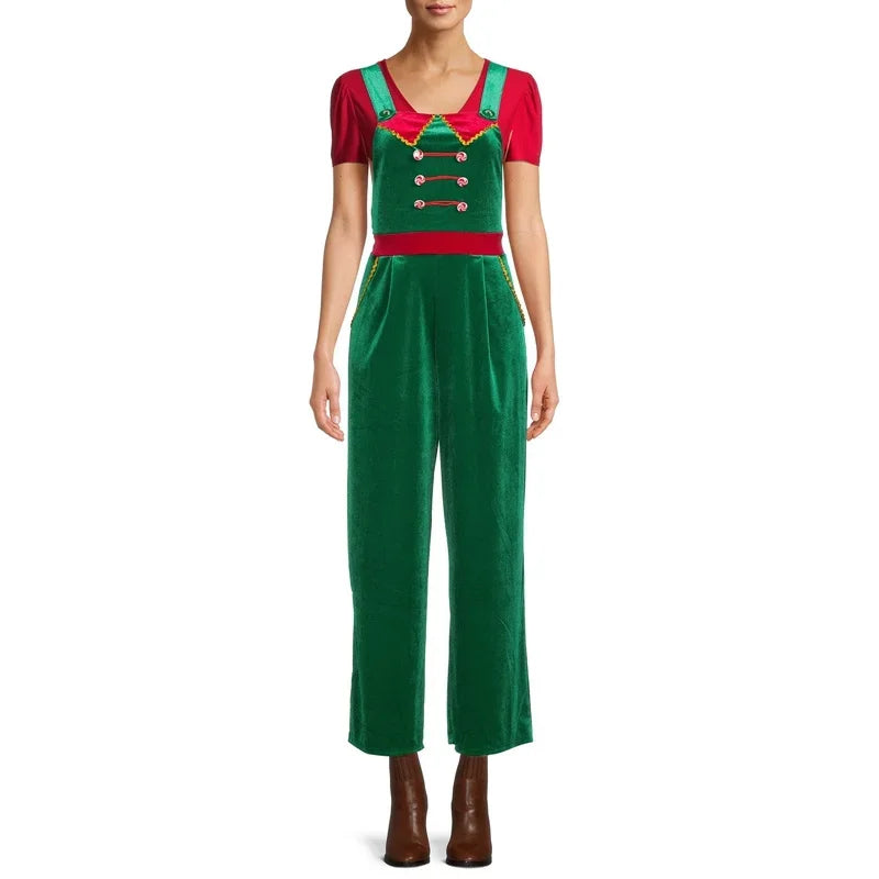 Macacão de Natal estampado em 3D feminino, gola quadrada, macacão sem mangas, cintura alta, calça macacão folgado, traje de festa