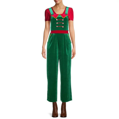 Macacão de Natal estampado em 3D feminino, gola quadrada, macacão sem mangas, cintura alta, calça macacão folgado, traje de festa