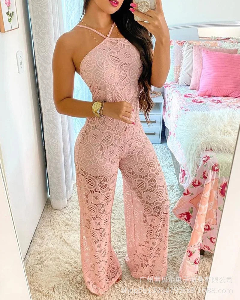 2022 Summer New Women's Pink Lace Spliced ​​Jumpsuit Hanging Neck Sleeveless Casual Daily Sling Streetwear Y2K 