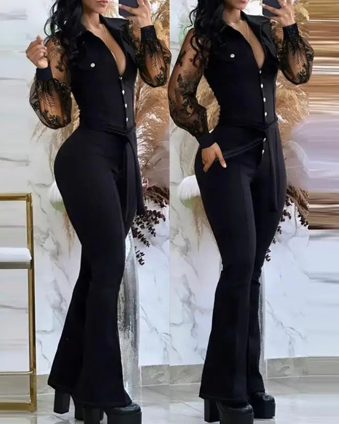 Macacão magro e queimado feminino, moda primavera, detalhe de botões, gola virada para baixo, liso, mangas compridas, diário, queimado, 2023
