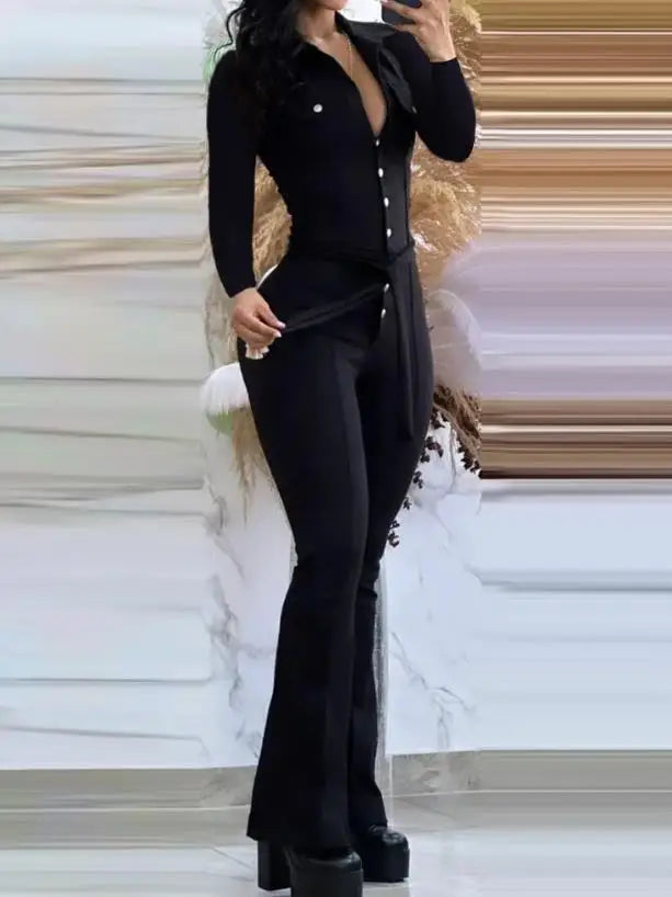 Macacão magro e queimado feminino, moda primavera, detalhe de botões, gola virada para baixo, liso, mangas compridas, diário, queimado, 2023