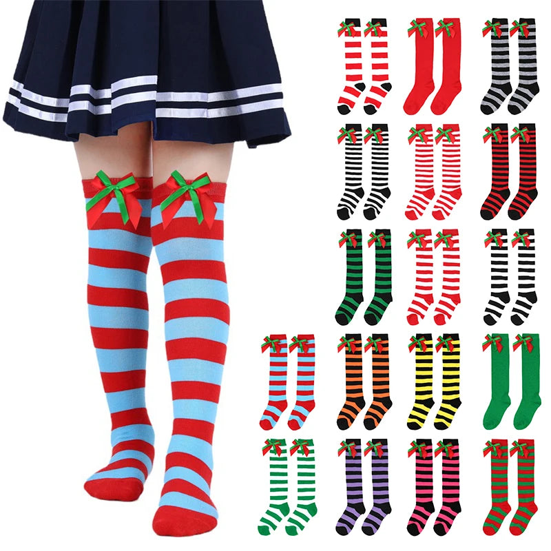 Striped Mesh Over Knee Socks for Girls, Princess Over Knee Socks for Party, Sweet Christmas Socks for Wedding, 17 Colors, Spring and Autumn