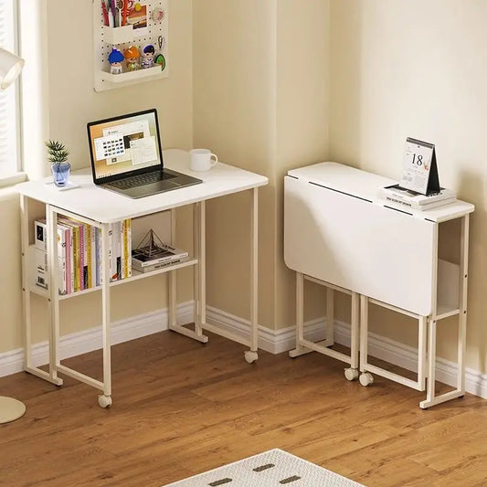 Folding Computer Desk for Study, Foldable Office Desks with Wheels, Minimalist Bookshelf, Integrated Table 