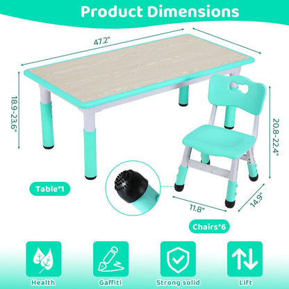 Mesa infantil retangular com conjunto de 6 cadeiras, conjunto de mesa multiactividade para crianças com altura ajustável, mesa de artes e ofícios para meninas, 2 a 10 anos