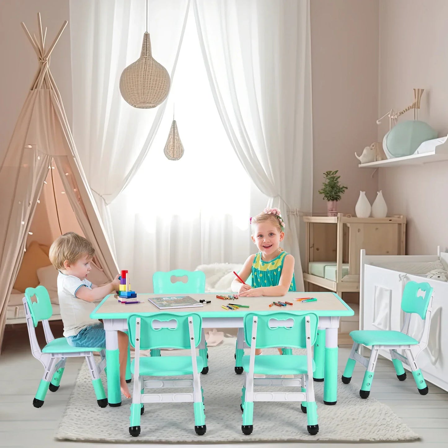 Mesa infantil retangular com conjunto de 6 cadeiras, conjunto de mesa multiactividade para crianças com altura ajustável, mesa de artes e ofícios para meninas, 2 a 10 anos