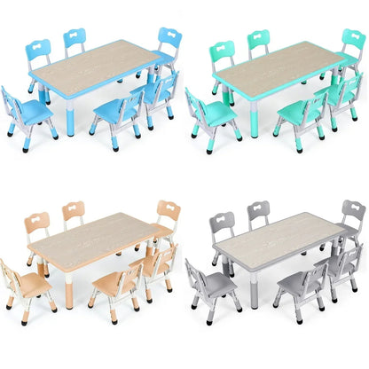 Mesa infantil retangular com conjunto de 6 cadeiras, conjunto de mesa multiactividade para crianças com altura ajustável, mesa de artes e ofícios para meninas, 2 a 10 anos