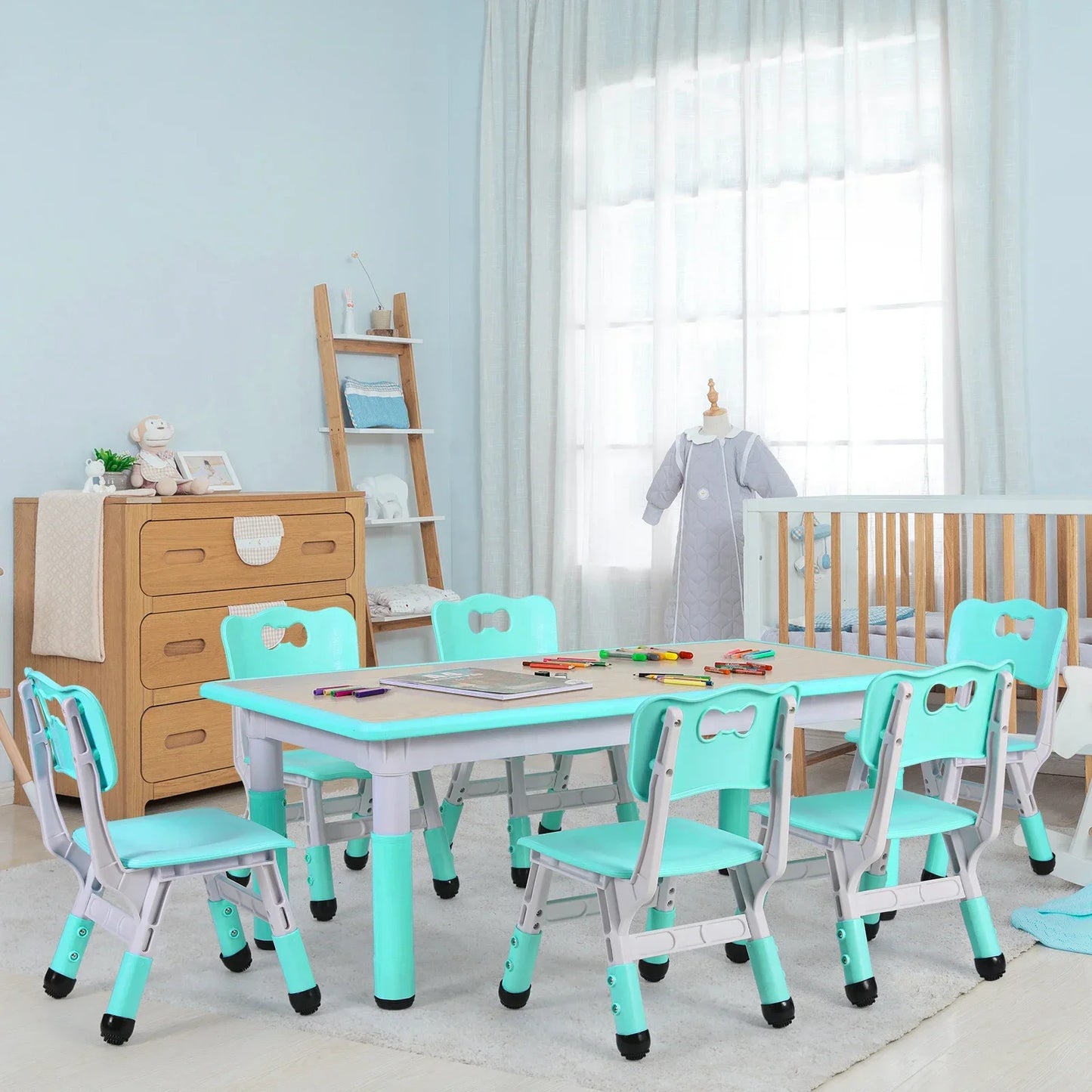 Mesa infantil retangular com conjunto de 6 cadeiras, conjunto de mesa multiactividade para crianças com altura ajustável, mesa de artes e ofícios para meninas, 2 a 10 anos