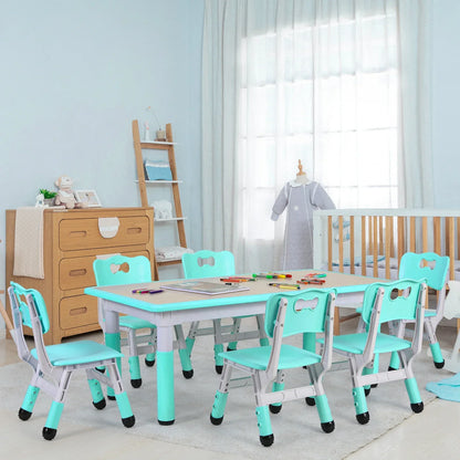 Mesa infantil retangular com conjunto de 6 cadeiras, conjunto de mesa multiactividade para crianças com altura ajustável, mesa de artes e ofícios para meninas, 2 a 10 anos