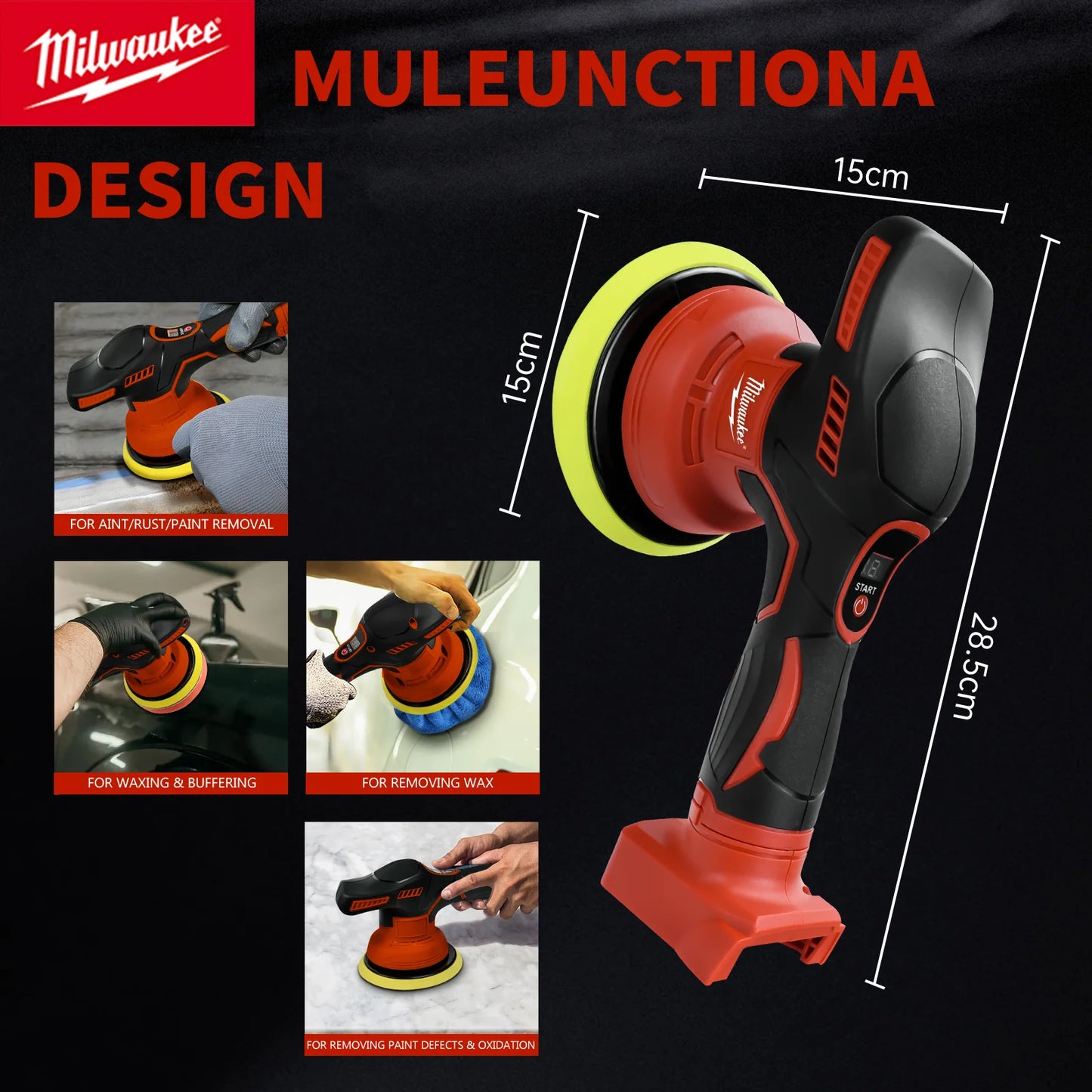 Milwaukee Polidor de buffer de carro sem fio para bateria Milwaukee 18V com 8 velocidades variáveis de até 5000RPM para depilação detalhada de carro