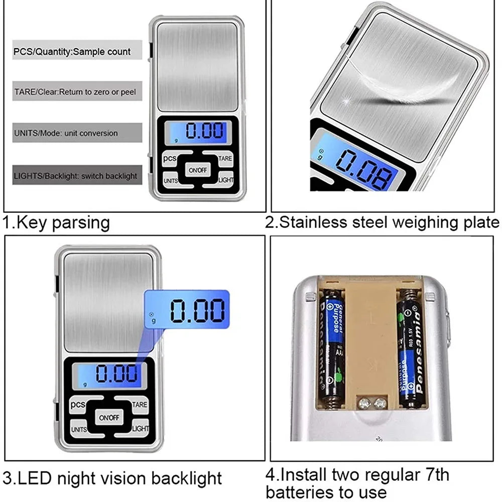 Mini Digital Electric Pocket Scale, High Precision, Backlight, Jewelry, Gram Weight for Kitchen, 0.01 0.1g, 100g, 200g, 300g, 500g 