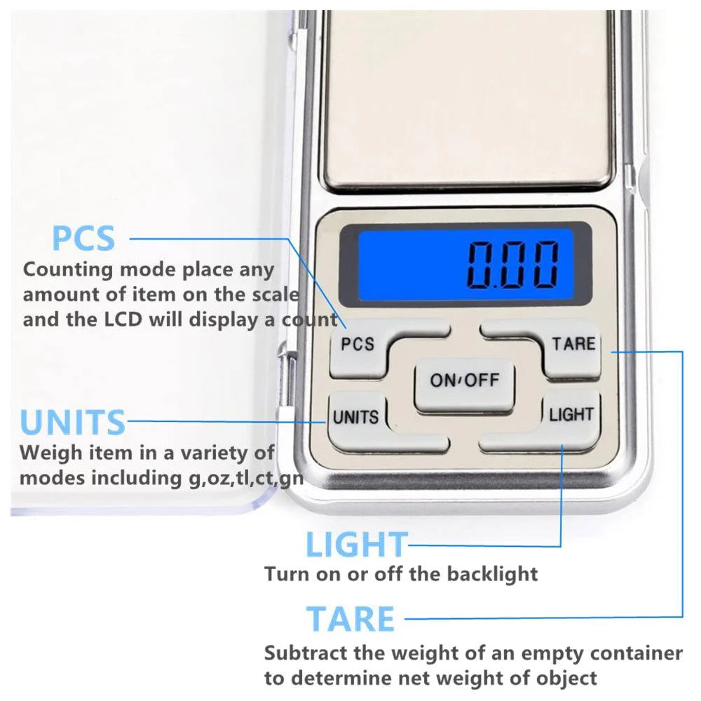 Mini Digital Electric Pocket Scale, High Precision, Backlight, Jewelry, Gram Weight for Kitchen, 0.01 0.1g, 100g, 200g, 300g, 500g 