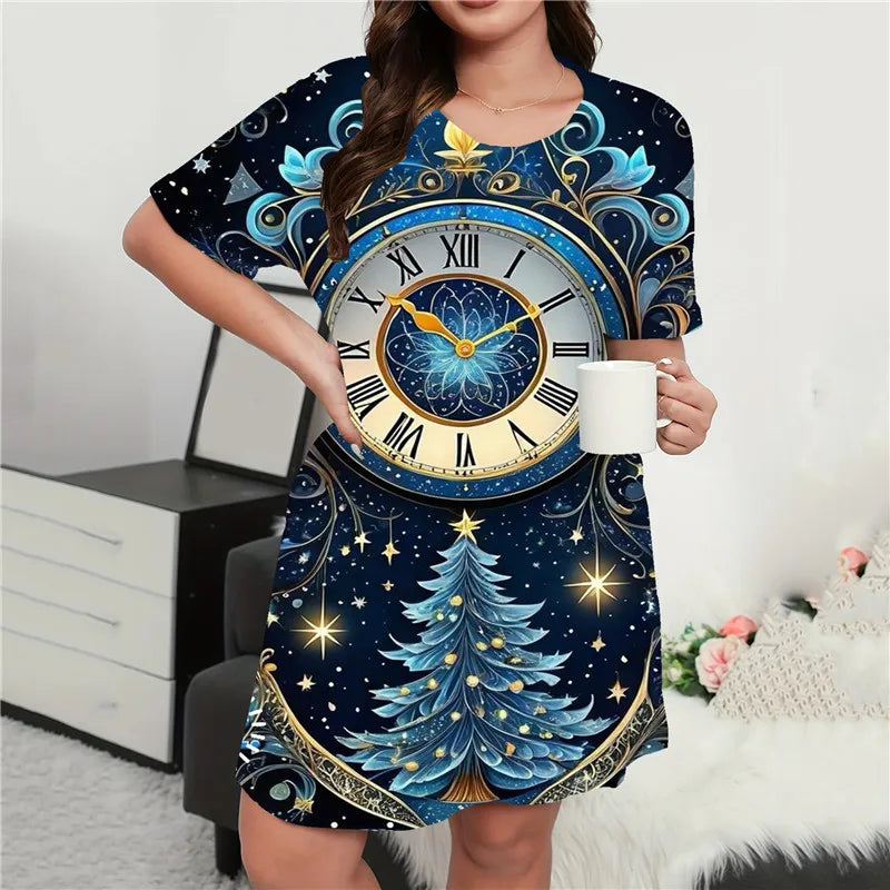Vestido mini con estampado navideño para mujer, cuello redondo, manga corta, corte A, suelto, talla grande, ropa informal de verano, moda 9XL 