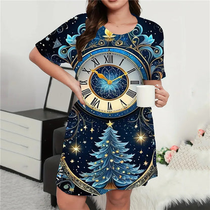 Vestido mini con estampado navideño para mujer, cuello redondo, manga corta, corte A, suelto, talla grande, ropa informal de verano, moda 9XL 