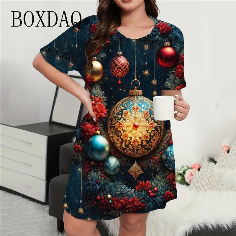 Vestido mini con estampado navideño para mujer, cuello redondo, manga corta, corte A, suelto, talla grande, ropa informal de verano, moda 9XL 