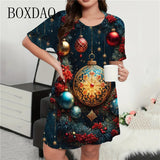 Vestido mini con estampado navideño para mujer, cuello redondo, manga corta, corte A, suelto, talla grande, ropa informal de verano, moda 9XL 