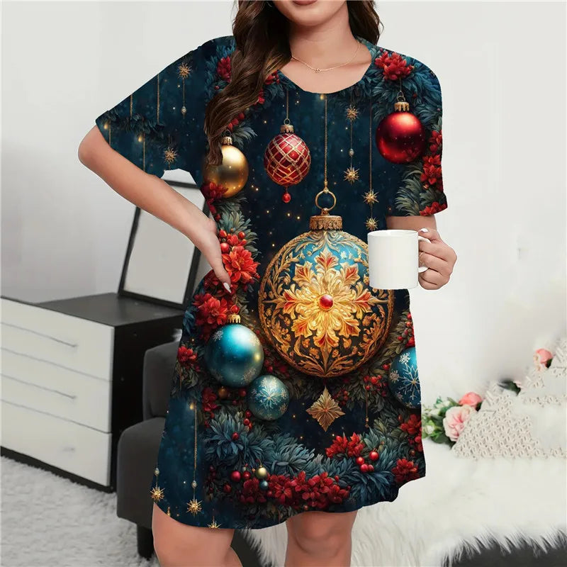 Vestido mini con estampado navideño para mujer, cuello redondo, manga corta, corte A, suelto, talla grande, ropa informal de verano, moda 9XL 