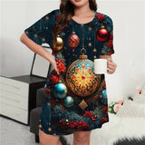 Vestido mini con estampado navideño para mujer, cuello redondo, manga corta, corte A, suelto, talla grande, ropa informal de verano, moda 9XL 