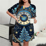 Vestido mini con estampado navideño para mujer, cuello redondo, manga corta, corte A, suelto, talla grande, ropa informal de verano, moda 9XL 