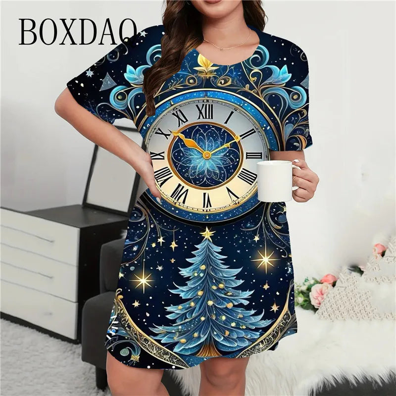 Vestido mini con estampado navideño para mujer, cuello redondo, manga corta, corte A, suelto, talla grande, ropa informal de verano, moda 9XL 