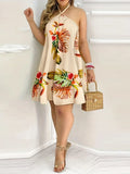 Mini vestido curto sem mangas sem encosto feminino, pescoço solto, vestido de praia, estampa floral, vestidos sexy, plus size, 2023