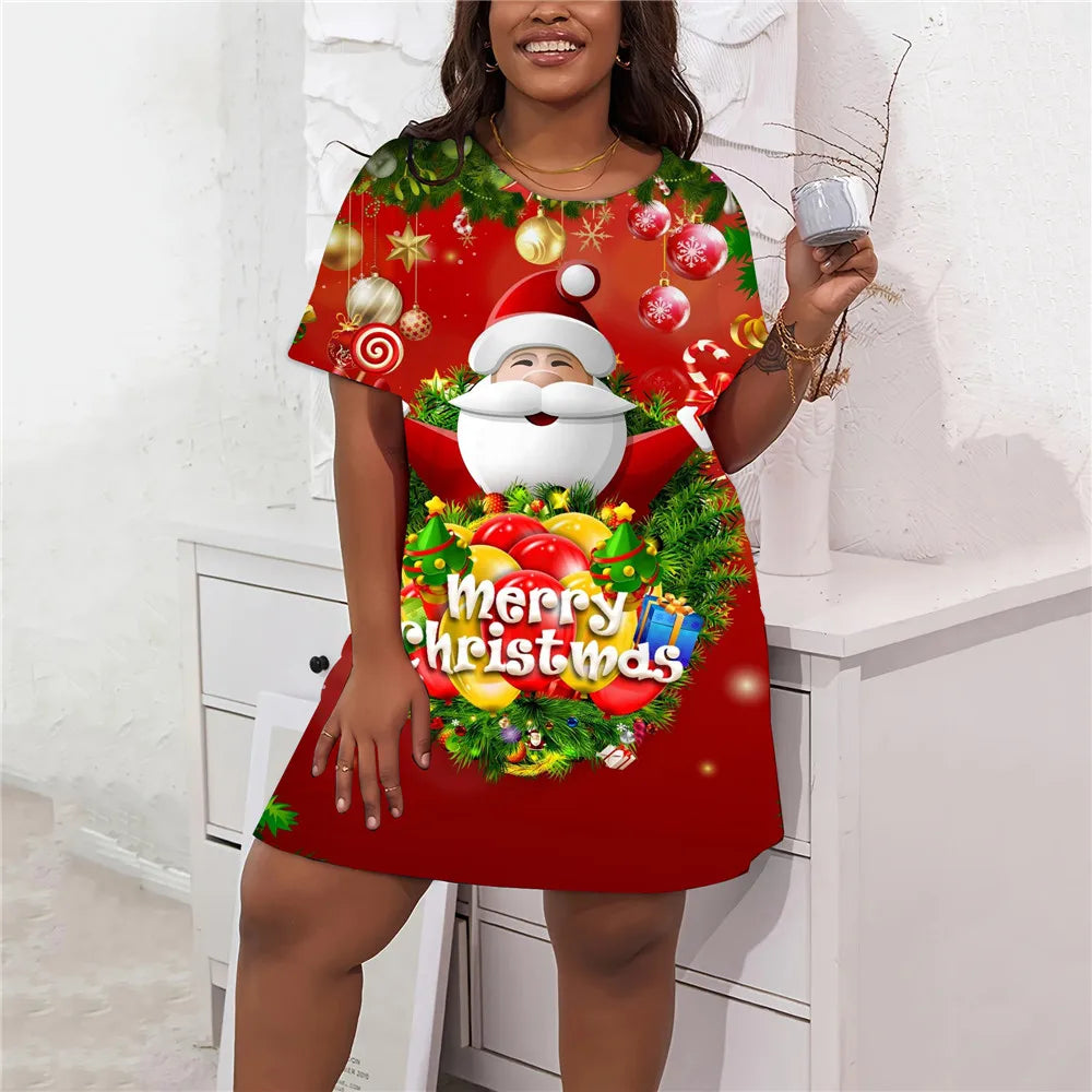 2024 Women Christmas Party Mini Dress Cartoon Santa Claus Print Loose Casual Short Sleeve Winter Fashion Plus Size Vestidos 